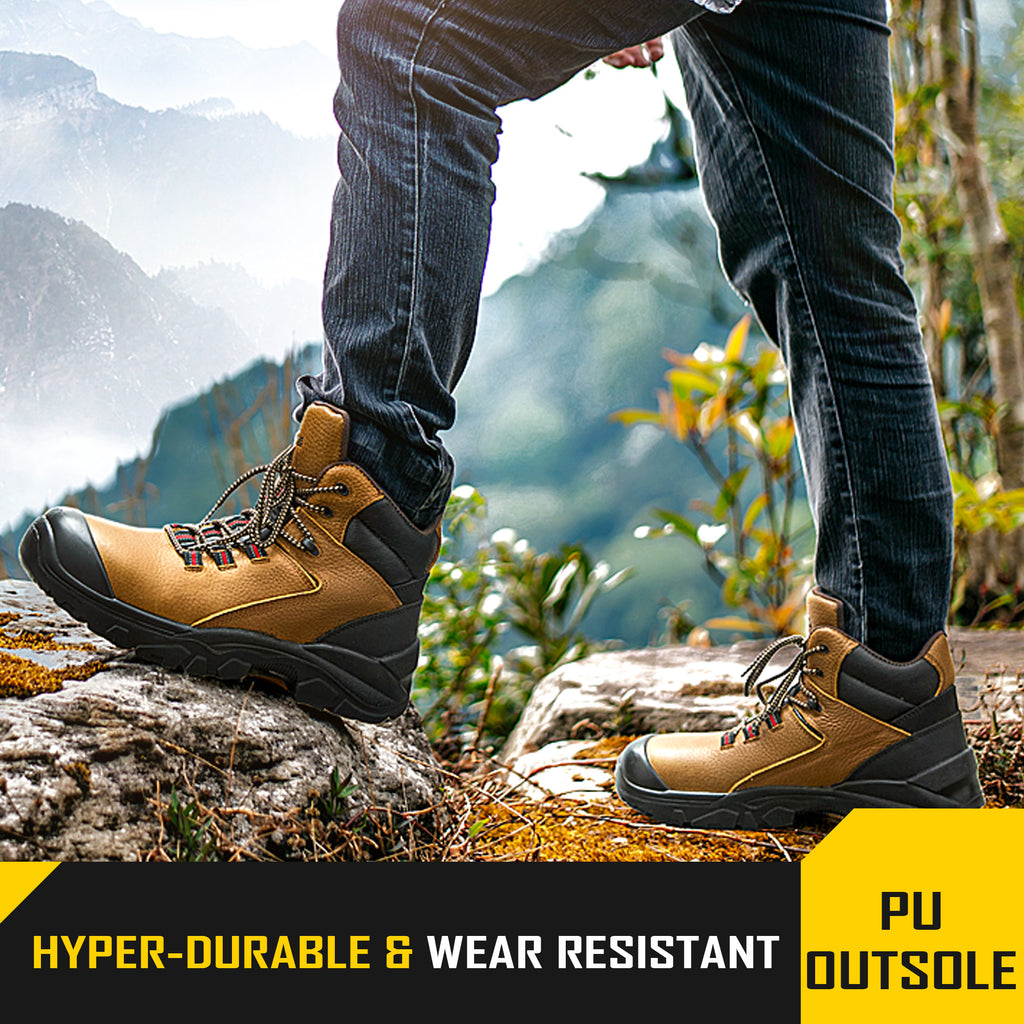 COOLJOB Steel Toe Work Boots for Men, Anti-spark Full Grain Leather Safety Shoes, Non-slip PU Outsole, Brown