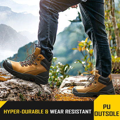 COOLJOB Steel Toe Work Boots for Men, Anti-spark Full Grain Leather Safety Shoes, Non-slip PU Outsole, Brown