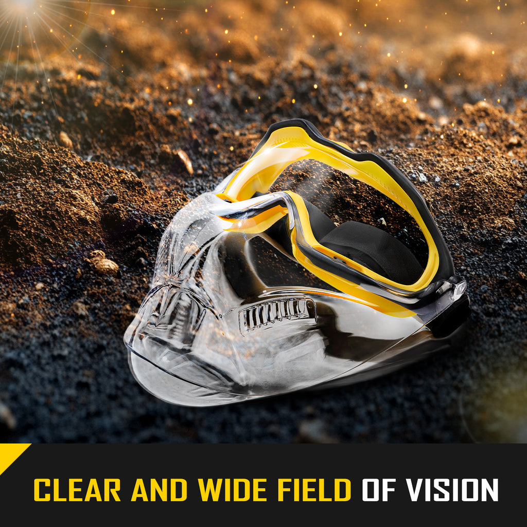 COOLJOB Safety Goggles with Face Shield, designed to be worn over glasses, featuring anti-fog clear lenses, ANSI Z87.1 impact resistance, UV protection, and an adjustable headband.