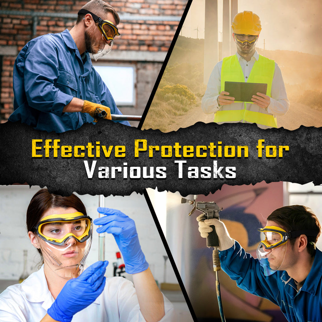 COOLJOB Safety Goggles with Face Shield, designed to be worn over glasses, featuring anti-fog clear lenses, ANSI Z87.1 impact resistance, UV protection, and an adjustable headband.