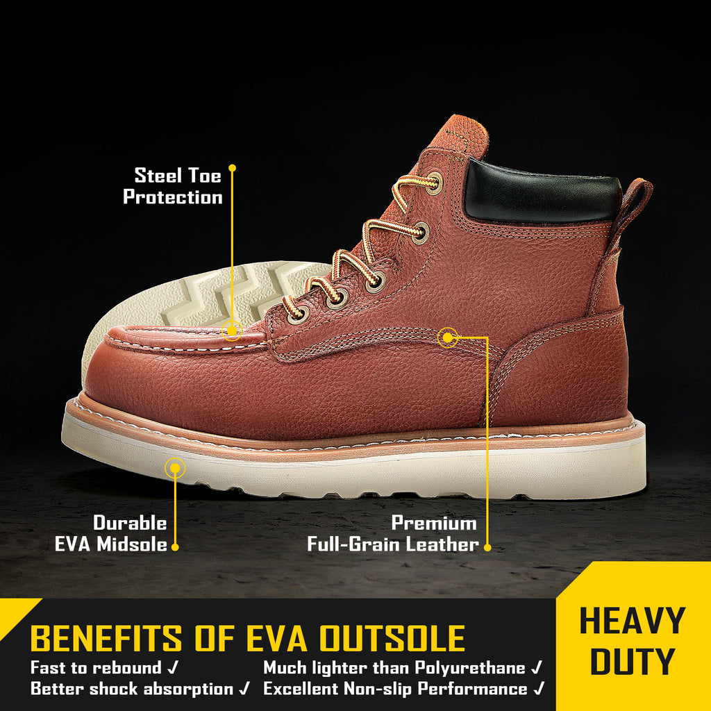 COOLJOB Goodyear Welt Steel Toe Shoes for Men, Full Grain Leather Safety Work Boots, Non-slip EVA Outsole