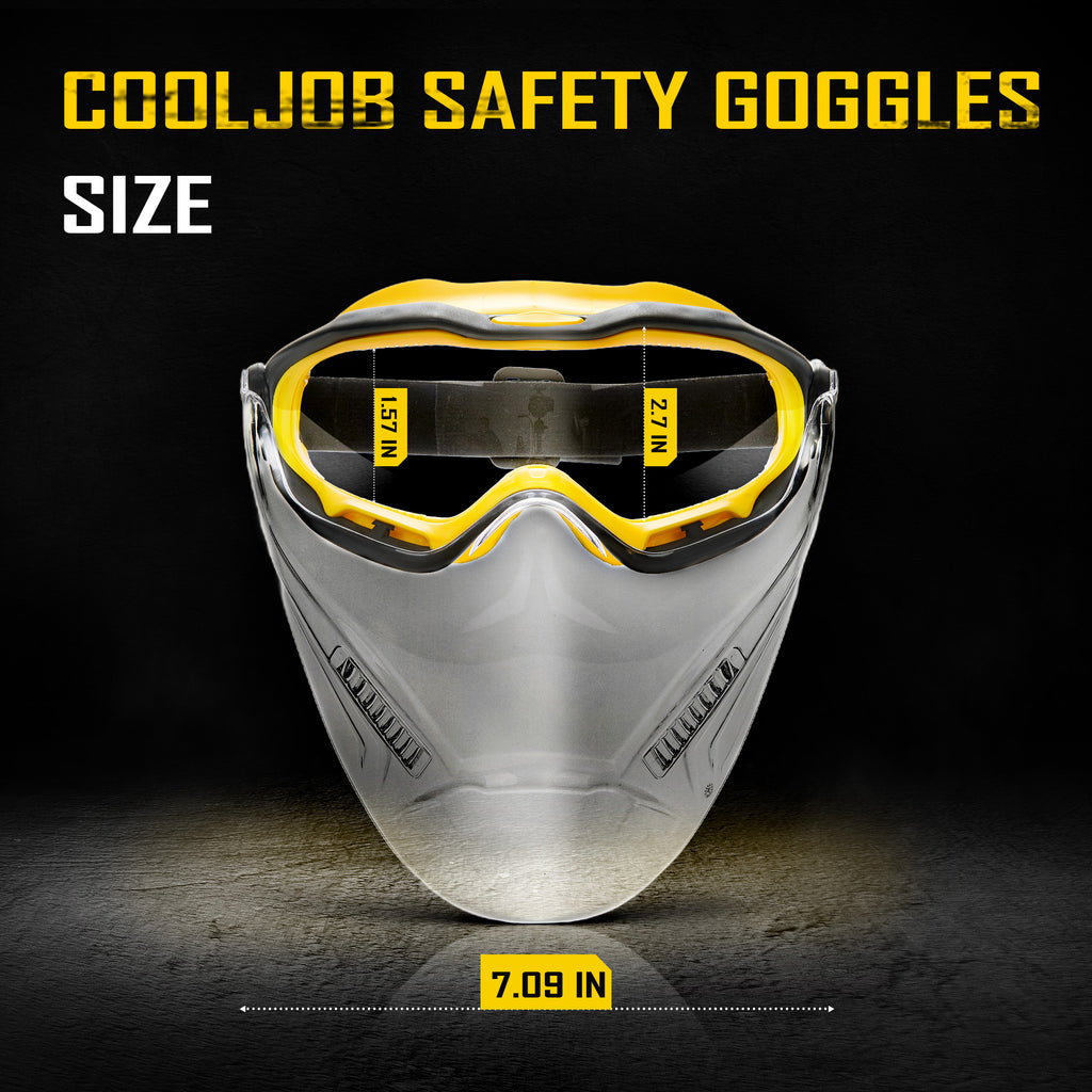 COOLJOB Safety Goggles with Face Shield, designed to be worn over glasses, featuring anti-fog clear lenses, ANSI Z87.1 impact resistance, UV protection, and an adjustable headband.