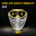 COOLJOB Safety Goggles with Face Shield, designed to be worn over glasses, featuring anti-fog clear lenses, ANSI Z87.1 impact resistance, UV protection, and an adjustable headband.
