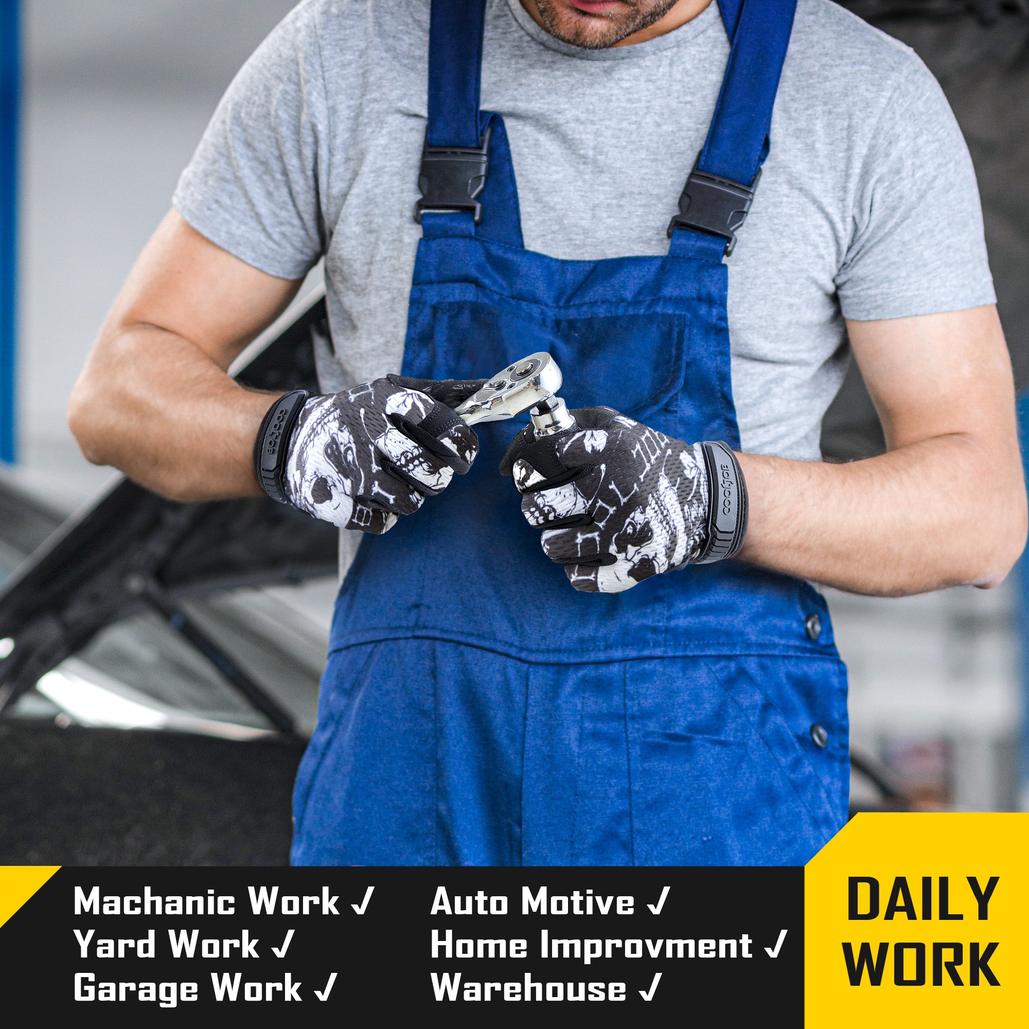 COOLJOB Mechanic Safety Work Gloves, Enhanced Anti-Slip Grip Tactical Gloves, Touchscreen (Skull)