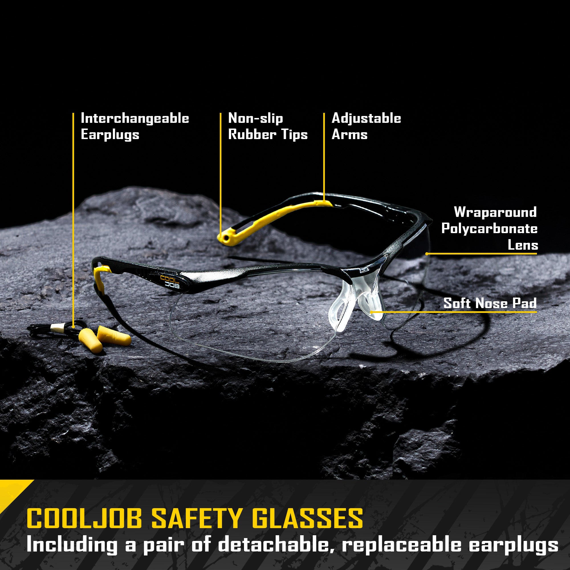 COOLJOB Safety Glasses with Corded Earplugs, ANSI Z87.1 Impact Resistance and UV Proof, Protective Eyewear with Clear Lenses
