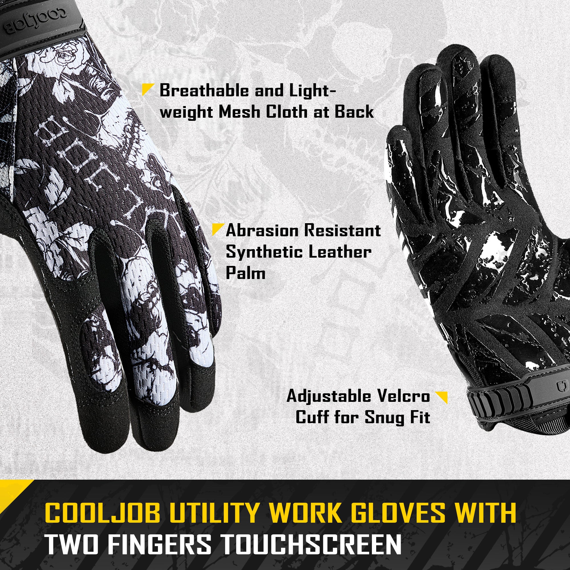 COOLJOB Mechanic Safety Work Gloves, Enhanced Anti-Slip Grip Tactical Gloves, Touchscreen (Skull)