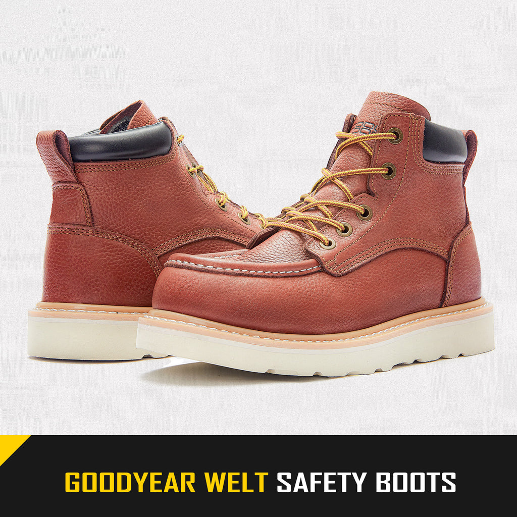 COOLJOB Goodyear Welt Steel Toe Shoes for Men, Full Grain Leather Safety Work Boots, Non-slip EVA Outsole