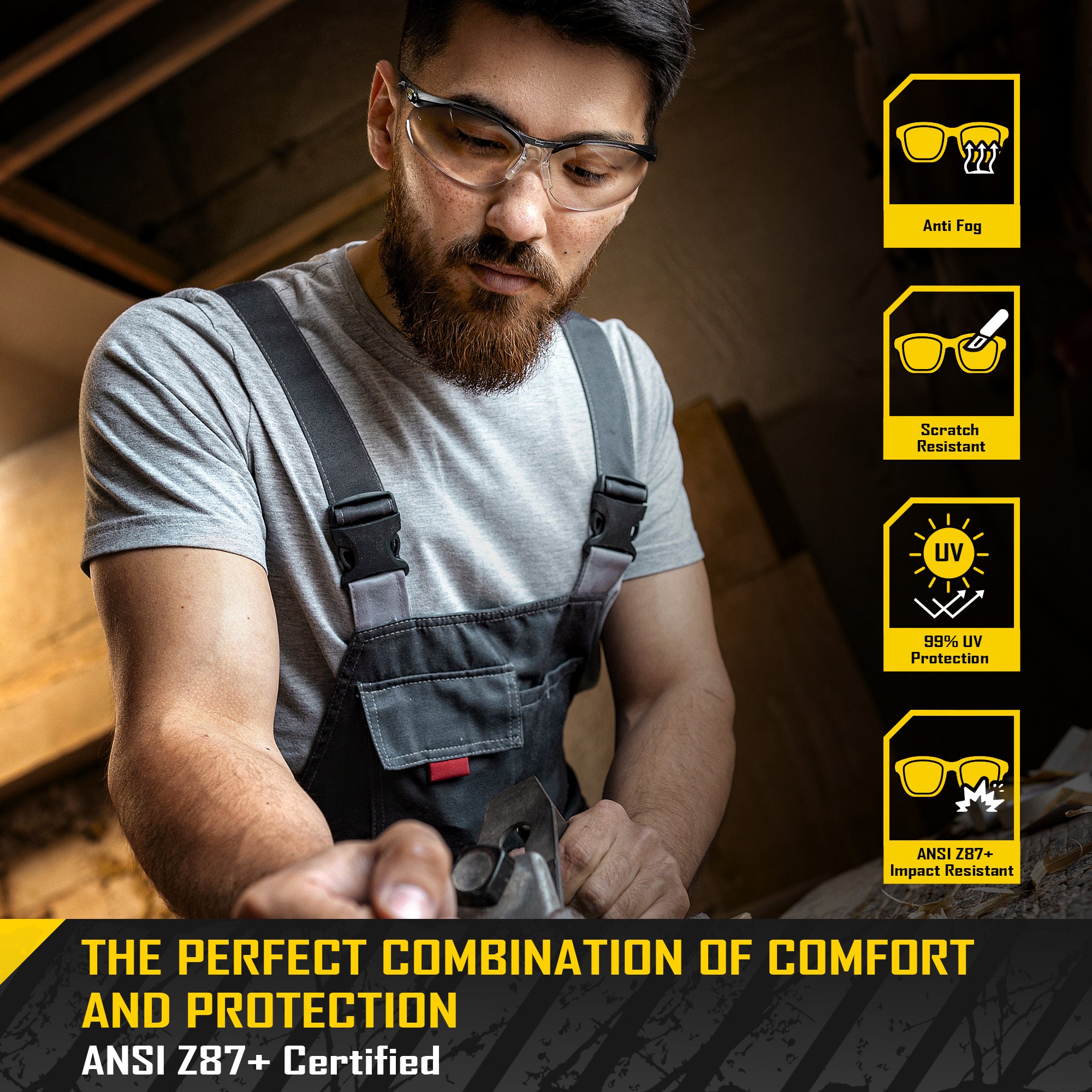 COOLJOB Safety Glasses with Corded Earplugs, ANSI Z87.1 Impact Resistance and UV Proof, Protective Eyewear with Clear Lenses