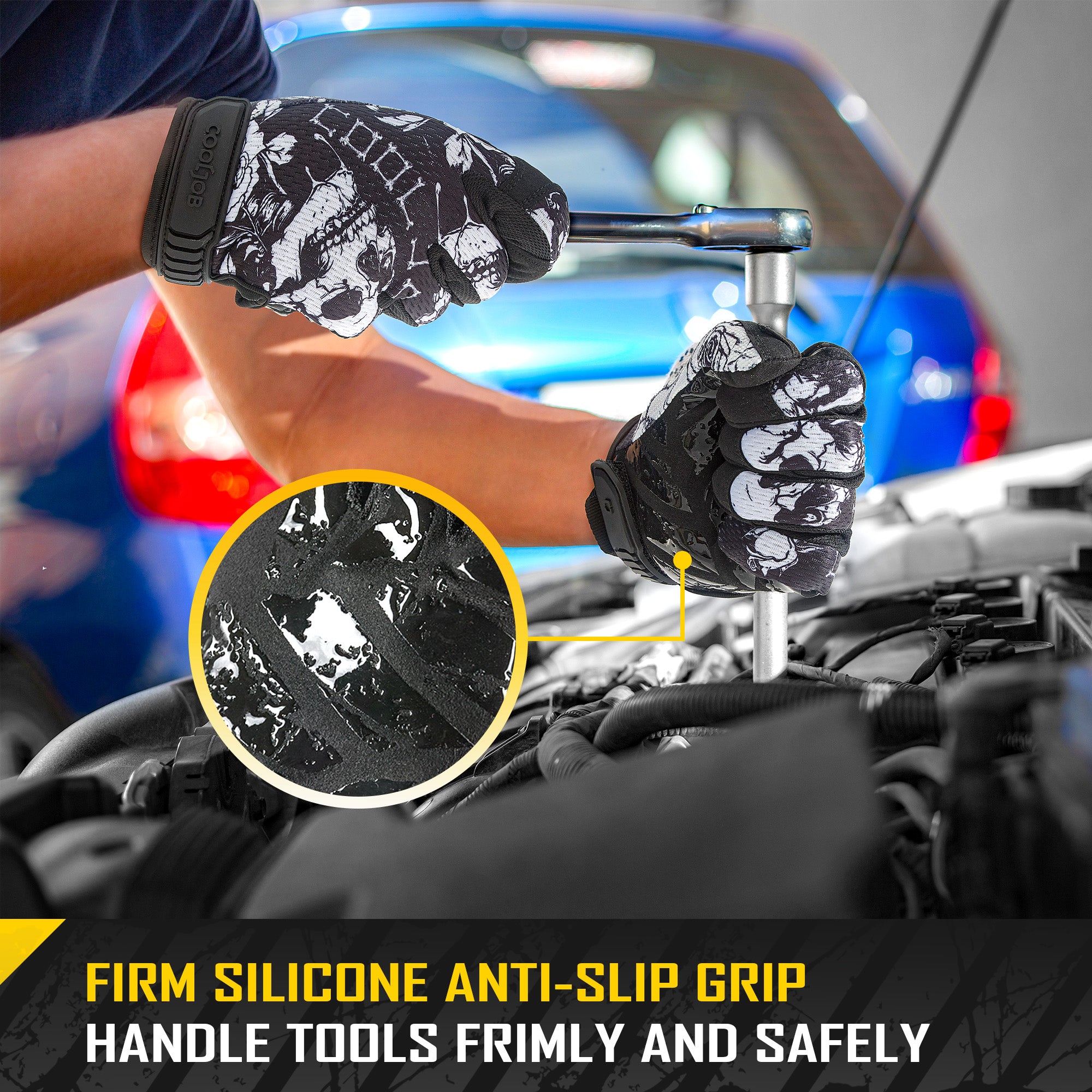 COOLJOB Mechanic Safety Work Gloves, Enhanced Anti-Slip Grip Tactical Gloves, Touchscreen (Skull)