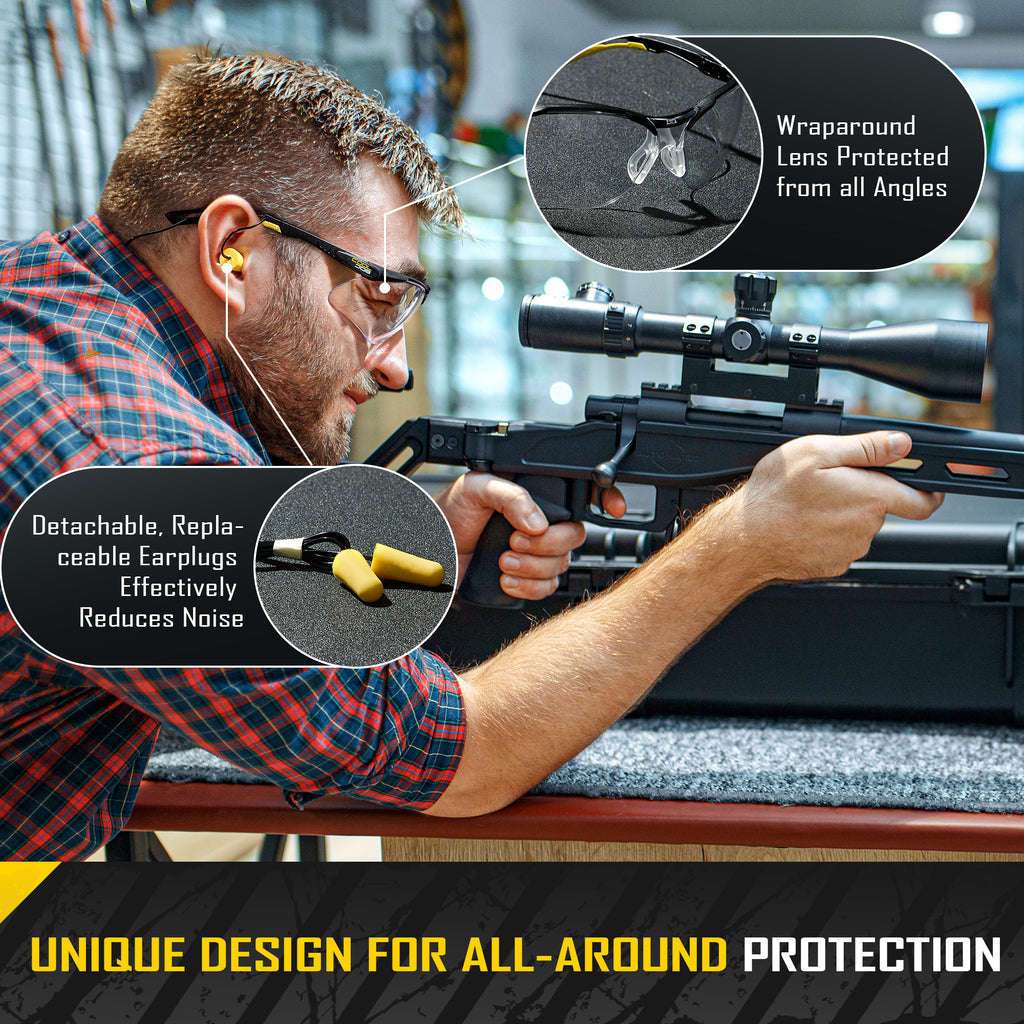 COOLJOB Safety Glasses with Corded Earplugs, ANSI Z87.1 Impact Resistance and UV Proof, Protective Eyewear with Clear Lenses