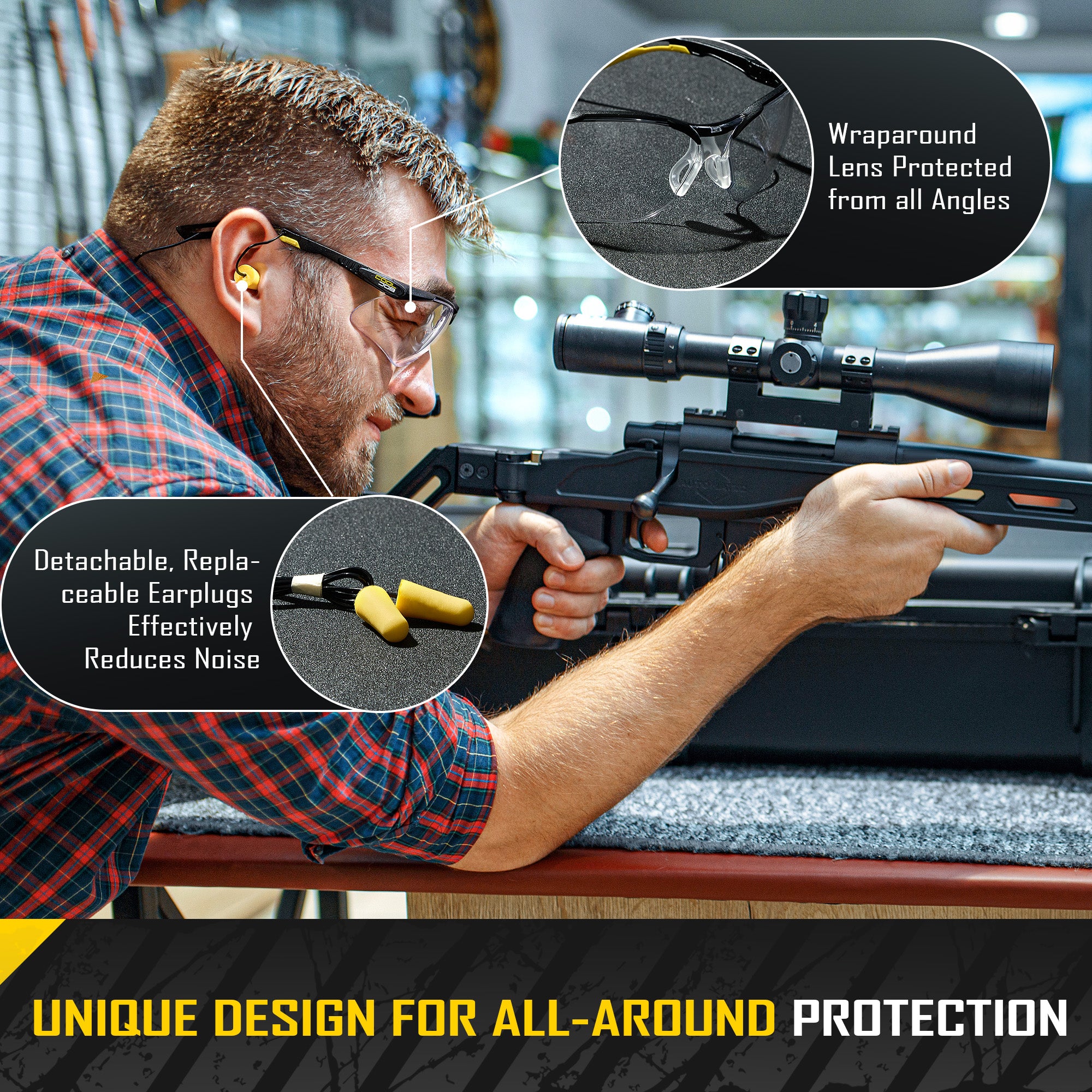 COOLJOB Safety Glasses with Corded Earplugs, ANSI Z87.1 Impact Resistance and UV Proof, Protective Eyewear with Clear Lenses