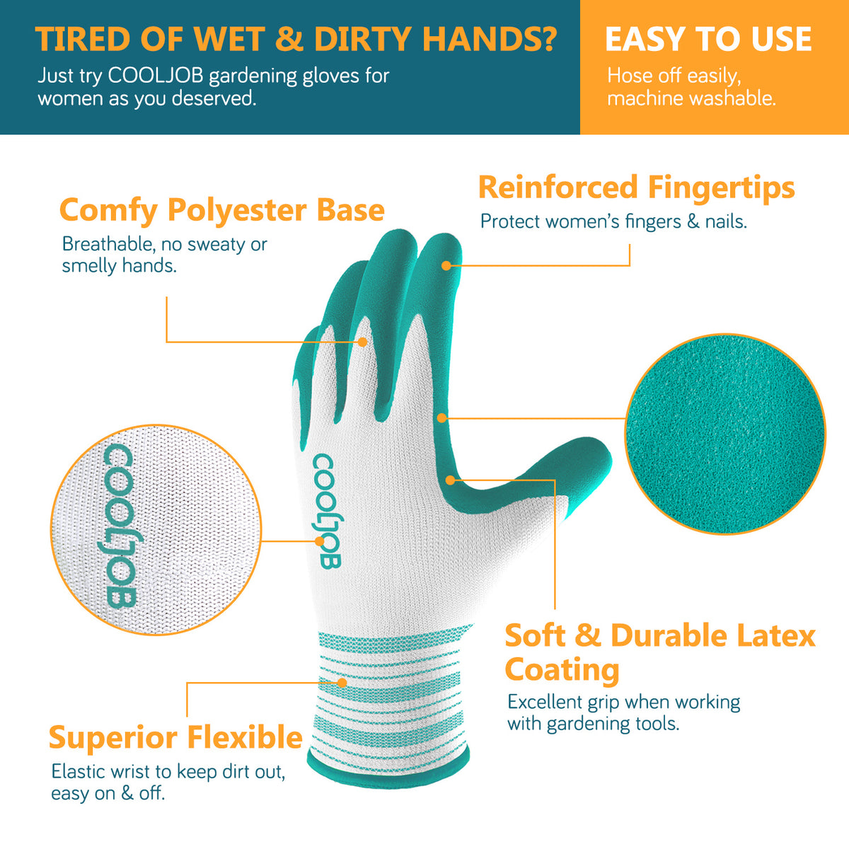 COOLJOB 2/6/10 Pairs Gardening Gloves for Women Ladies, Breathable Rubber Coated for Yard Garden, Bright Red & Mint Green