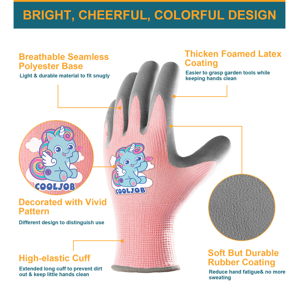 COOLJOB 3 Pairs Kids Gloves, Grippy Rubber Coated Garden Work Gloves for Children, Purple & Pink & Yellow