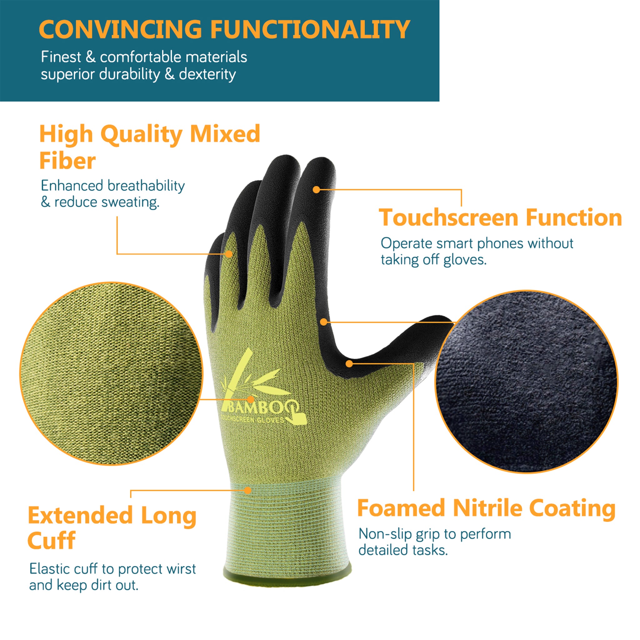 COOLJOB 2 Pairs Bamboo Touchscreen Gardening Work Gloves, Grippy Nitrile Rubber Coated
