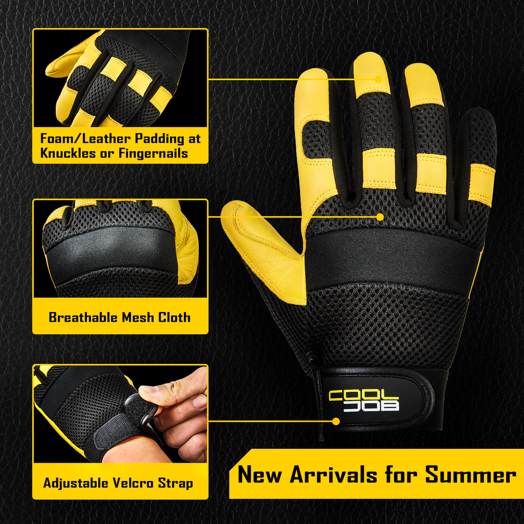 COOLJOB Breathable Mesh Cowhide Leather Work Gloves with Grip, Thorn Resistant Gloves, 1 Pair