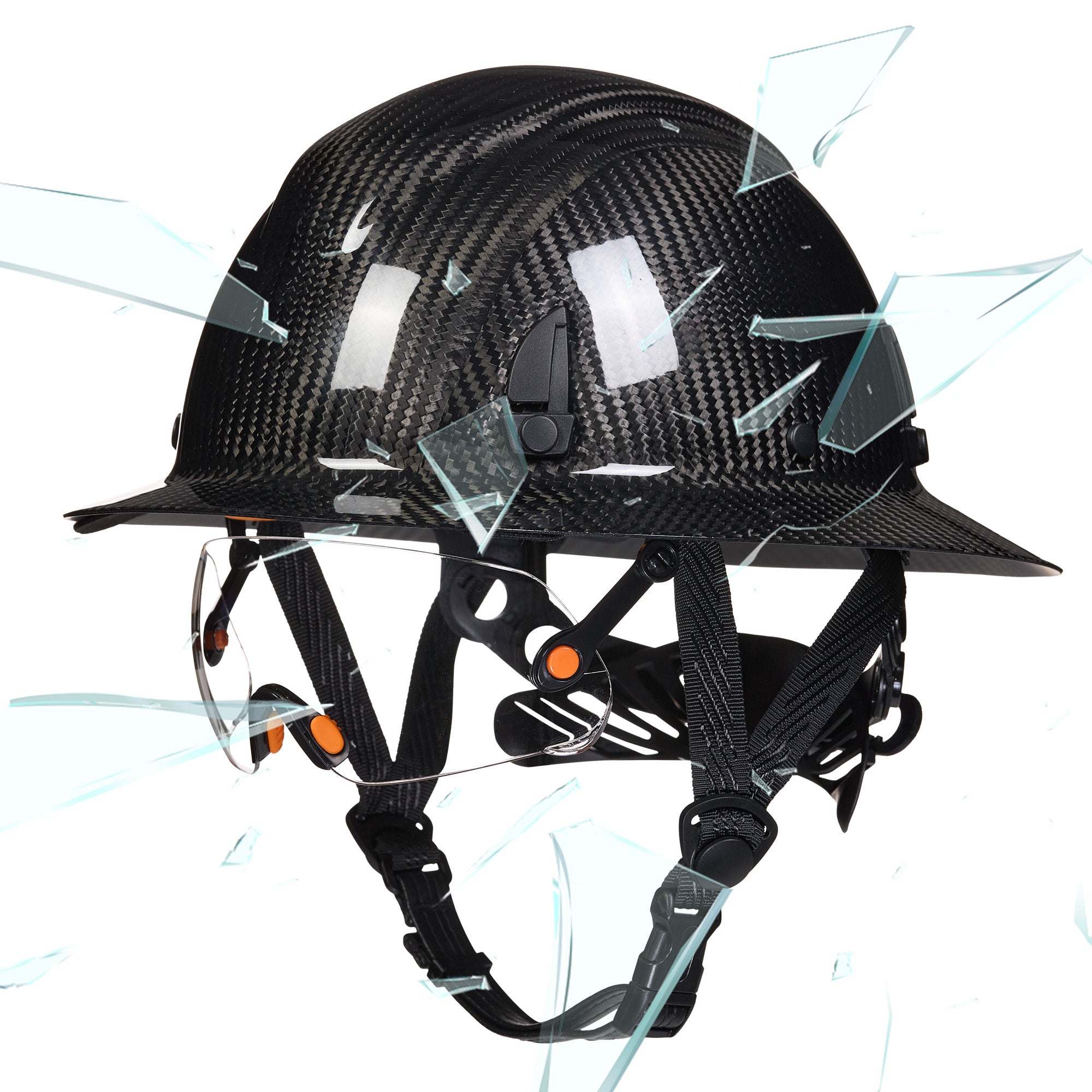 COOLJOB Carbon Fiber Hard Hat with Safety Goggle, Full Brim Safety Helmet OSHA Approved, 6-Point Ratchet Suspension, Type 1 Class E G &C, Black