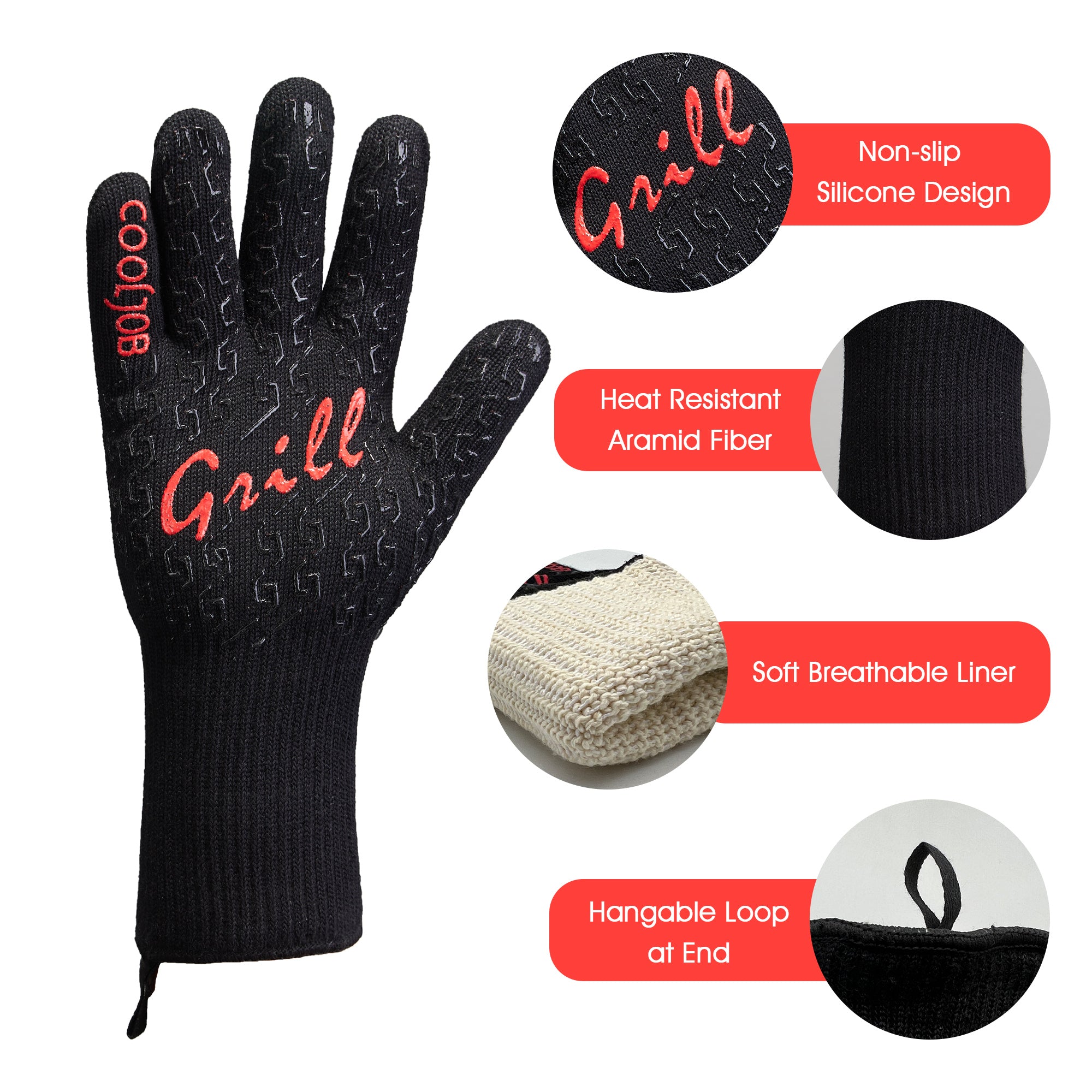 COOLJOB Heat Resistant BBQ Gloves for Hot Temperature Cooking, Barbecue Grilling