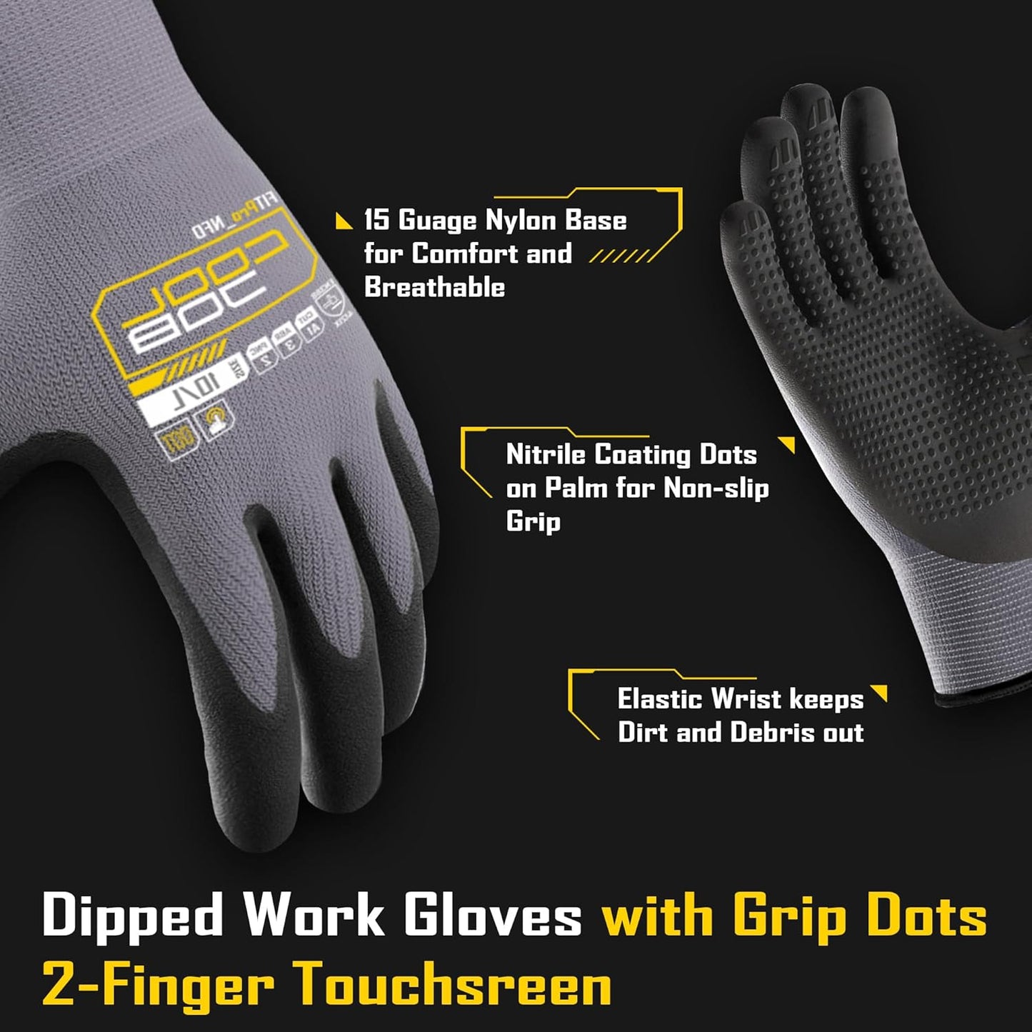COOLJOB 6 Pairs Nitrile Rubber Dipped Safety Work Gloves with Grip Dots, Touchscreen