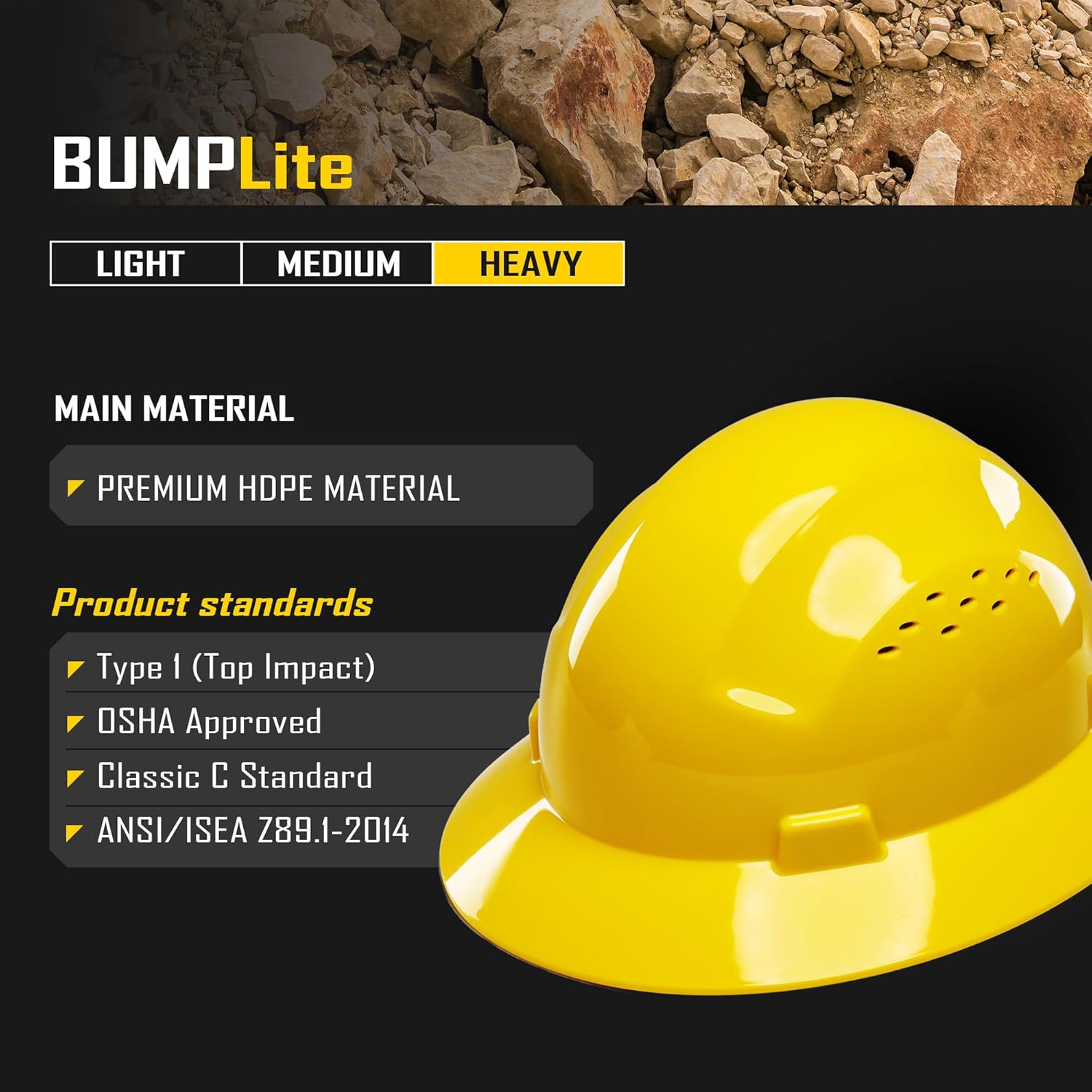 COOLJOB Full Brim Hard Hat, OSHA Construction Work Approved, HDPE Safety Helmet with 4 Point Adjustable Ratchet Suspension, Class E, G & C