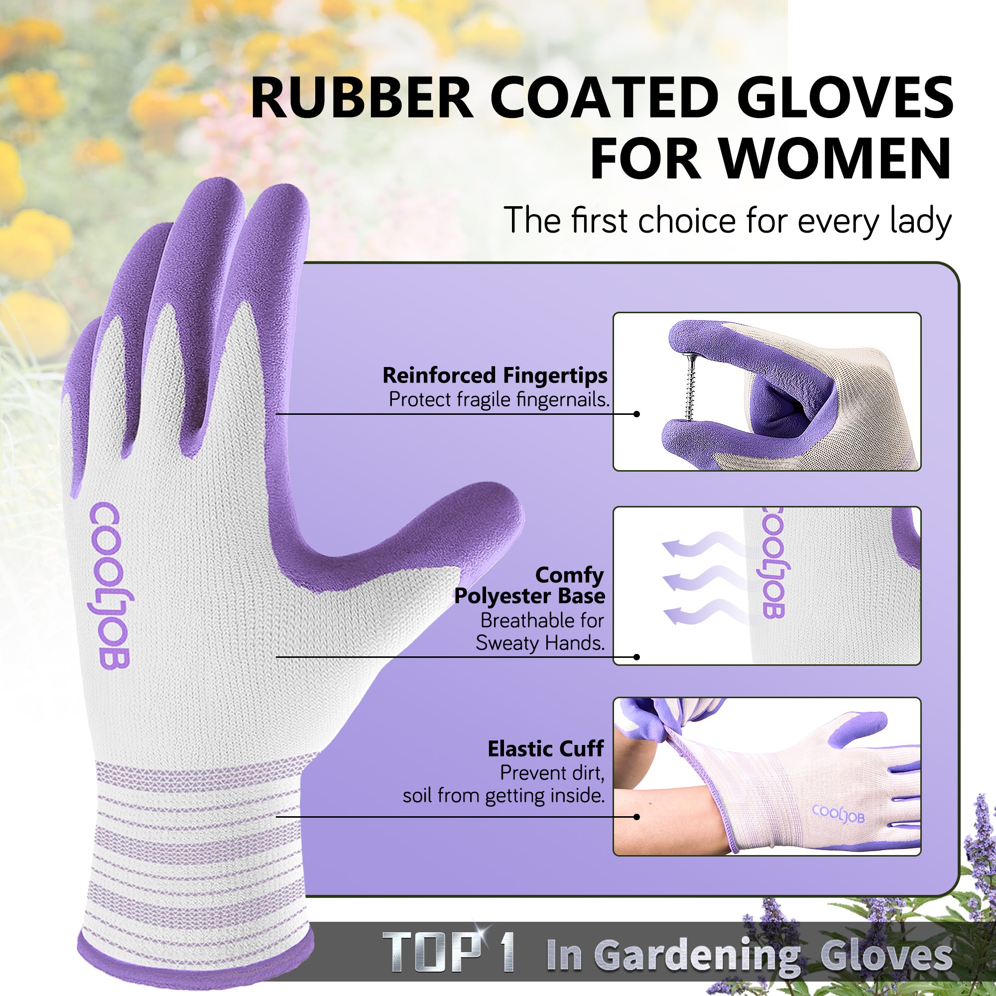COOLJOB 2/6/10 Pairs Gardening Gloves for Women Ladies, Breathable Rubber Coated for Yard Garden, Lavender Purple & Green Apple