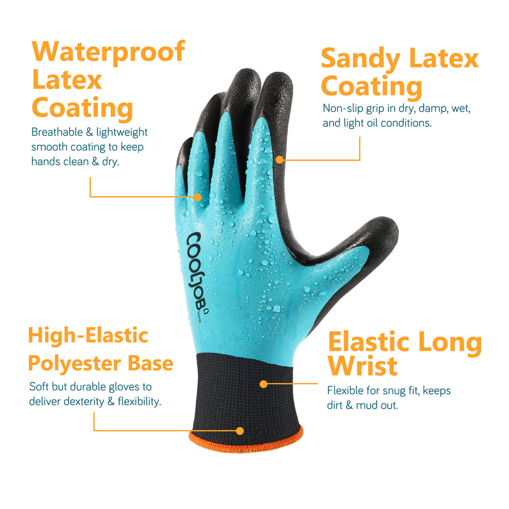 COOLJOB 2/6 Pairs Waterproof Gardening Work Gloves with grip, Double Rubber Coated (Blue)