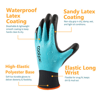 COOLJOB 2/6 Pairs Waterproof Gardening Work Gloves with grip, Double Rubber Coated (Blue)