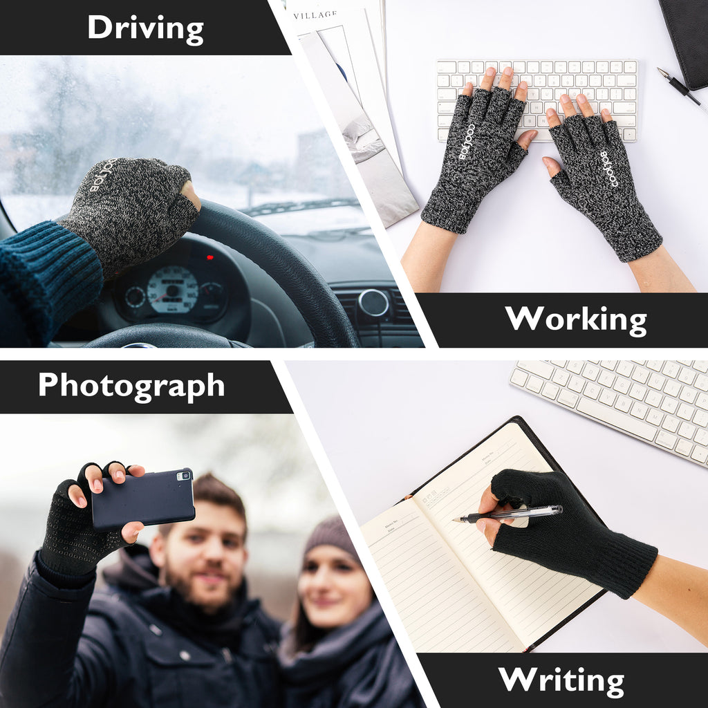 COOLJOB 2 Pairs Warm Knit Fingerless Gloves, Half Finger Winter Stretchy Mittens with Non-Slip Silicone Grip