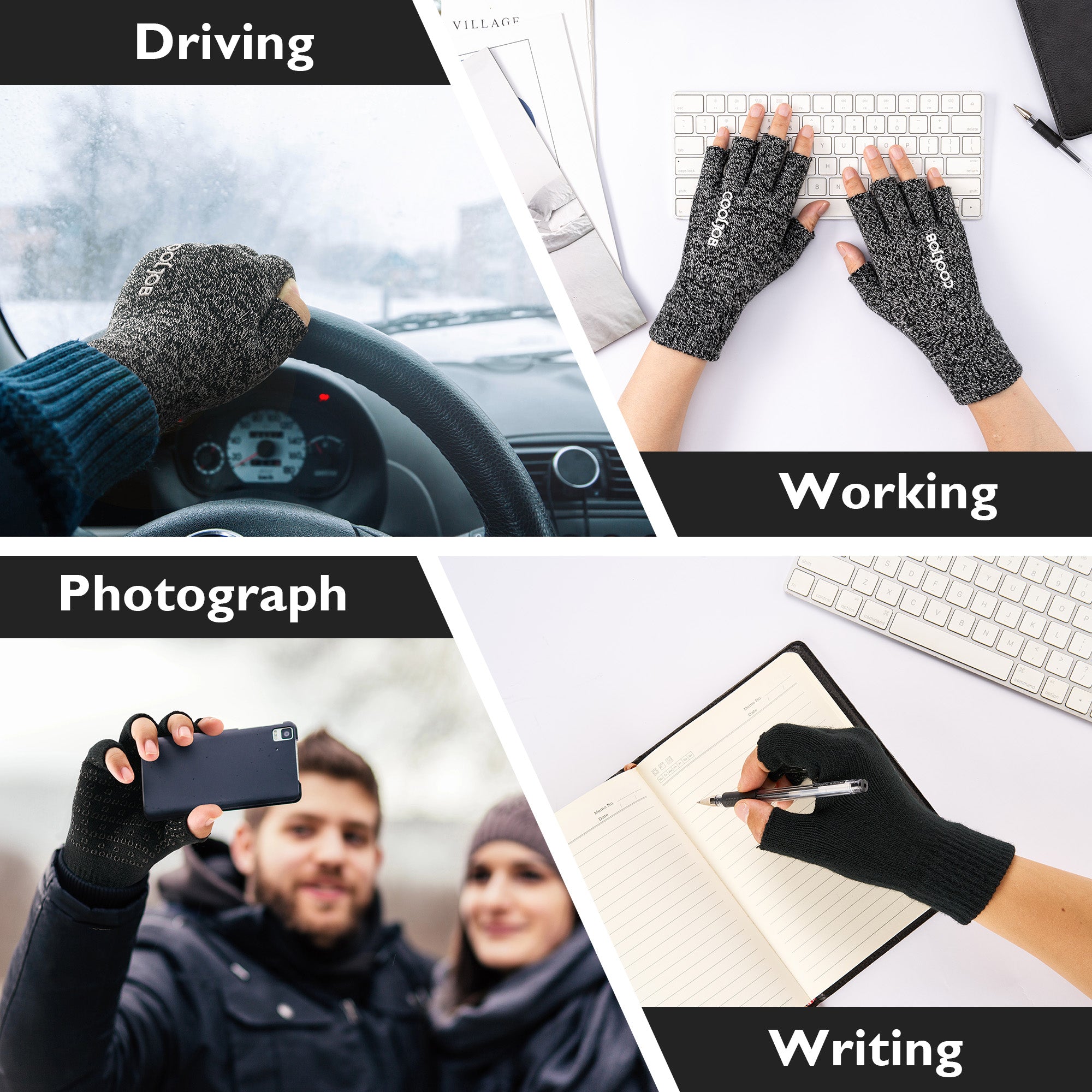 COOLJOB 2 Pairs Warm Knit Fingerless Gloves, Half Finger Winter Stretchy Mittens with Non-Slip Silicone Grip