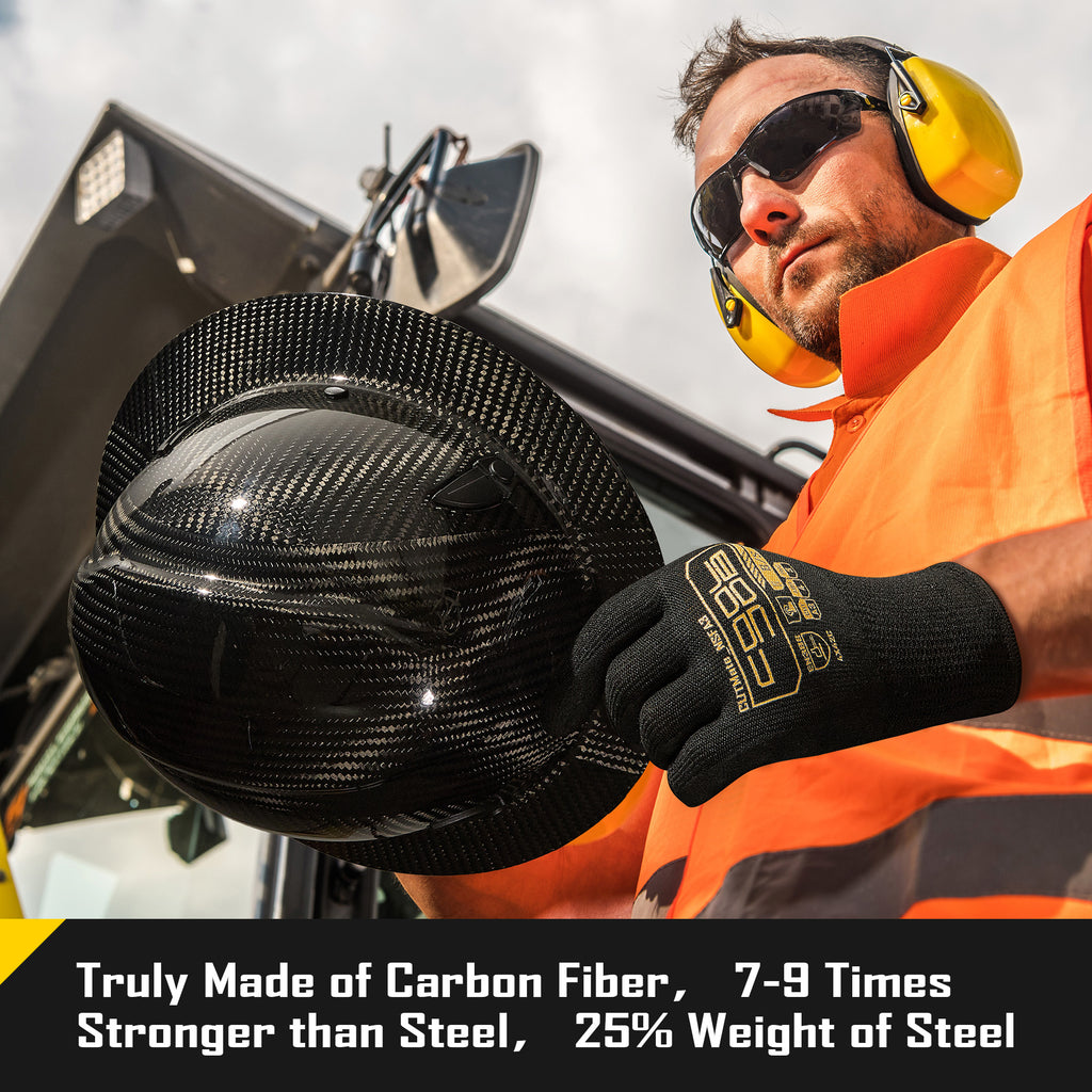 COOLJOB Carbon Fiber Hard Hat with Safety Goggle, Full Brim Safety Helmet OSHA Approved, 6-Point Ratchet Suspension, Type 1 Class E G &C, Black