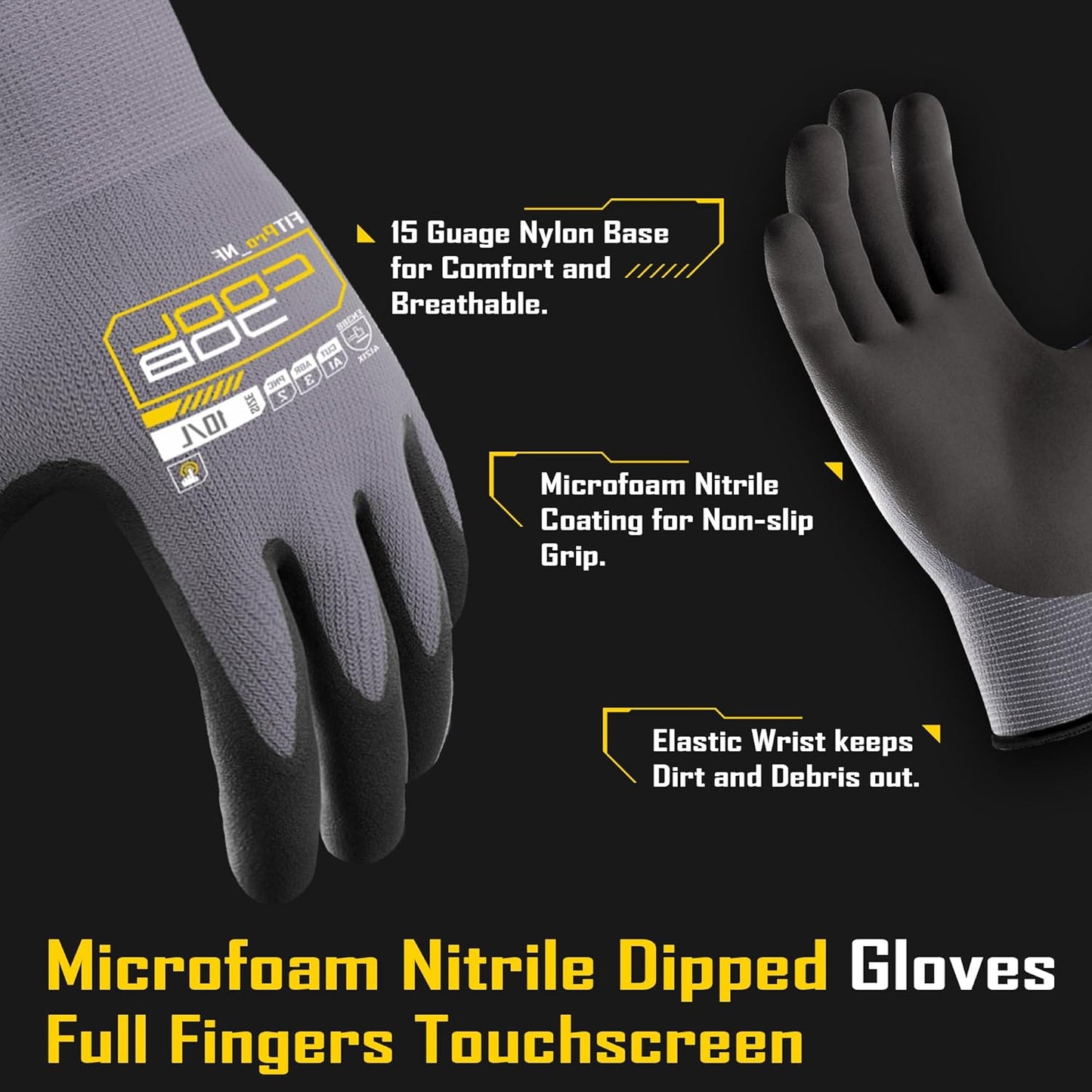 COOLJOB 3/12 Pairs Safety Work Gloves Microfoam Nitrile Rubber Coated, Touchscreen