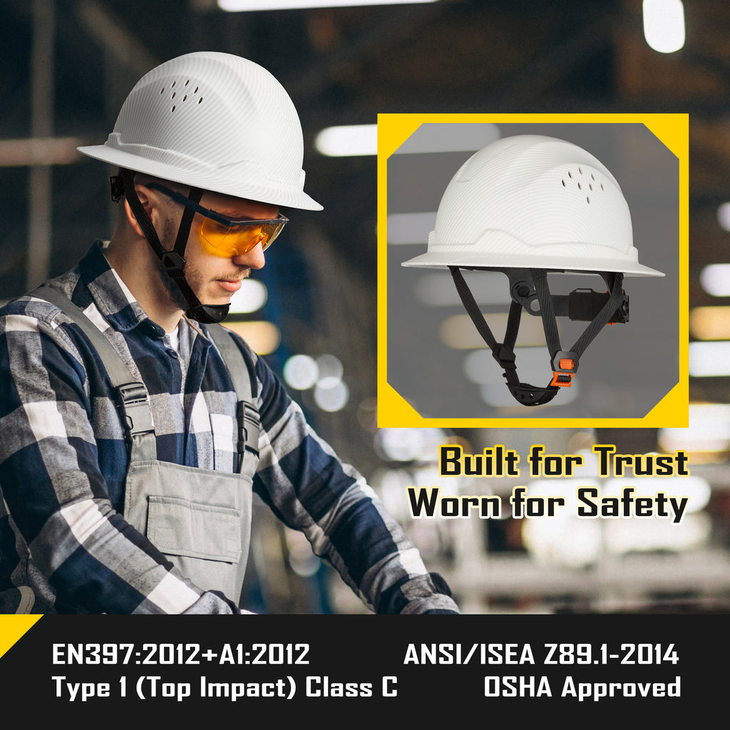 COOLJOB Full Brim Hard Hat, Vented Construction Safety Helmet OSHA Approved, 6-Point Ratchet Suspension