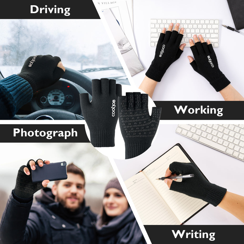 COOLJOB 2 Pairs Warm Knit Fingerless Gloves, Half Finger Winter Stretchy Mittens with Non-Slip Silicone Grip
