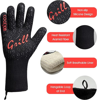 COOLJOB Heat Resistant BBQ Gloves for Hot Temperature Cooking, Barbecue Grilling