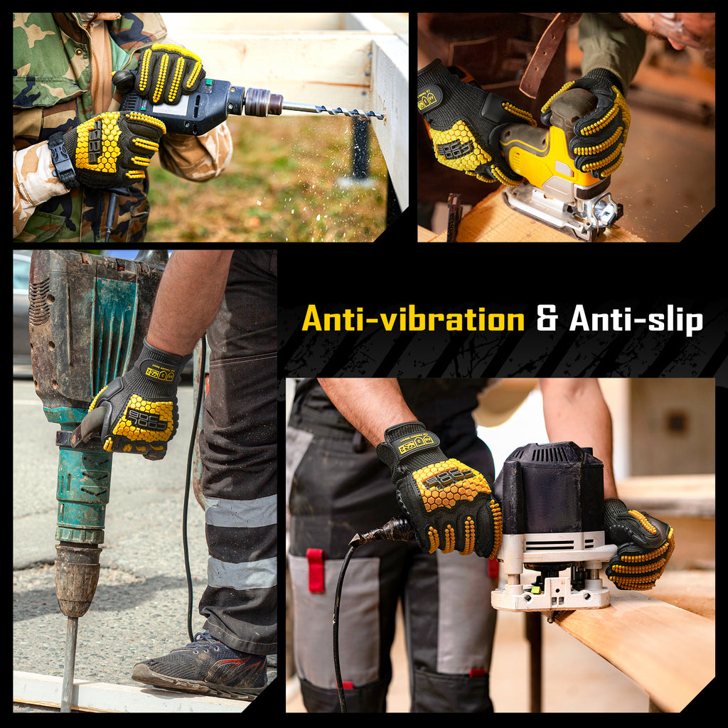 COOLJOB A6 Cut Resistant Anti Vibration Work Gloves Men, TPR Impact Reduce Mittens, Palm Rubber Patch Shock Absorption