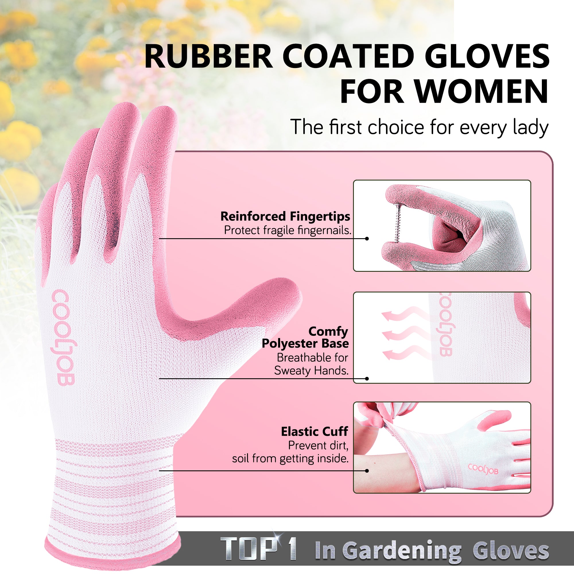 COOLJOB 2/6/12 Pairs Gardening Gloves for Women Ladies, Breathable Rubber Coated for Yard Garden, Sakura Pink & Light Blue