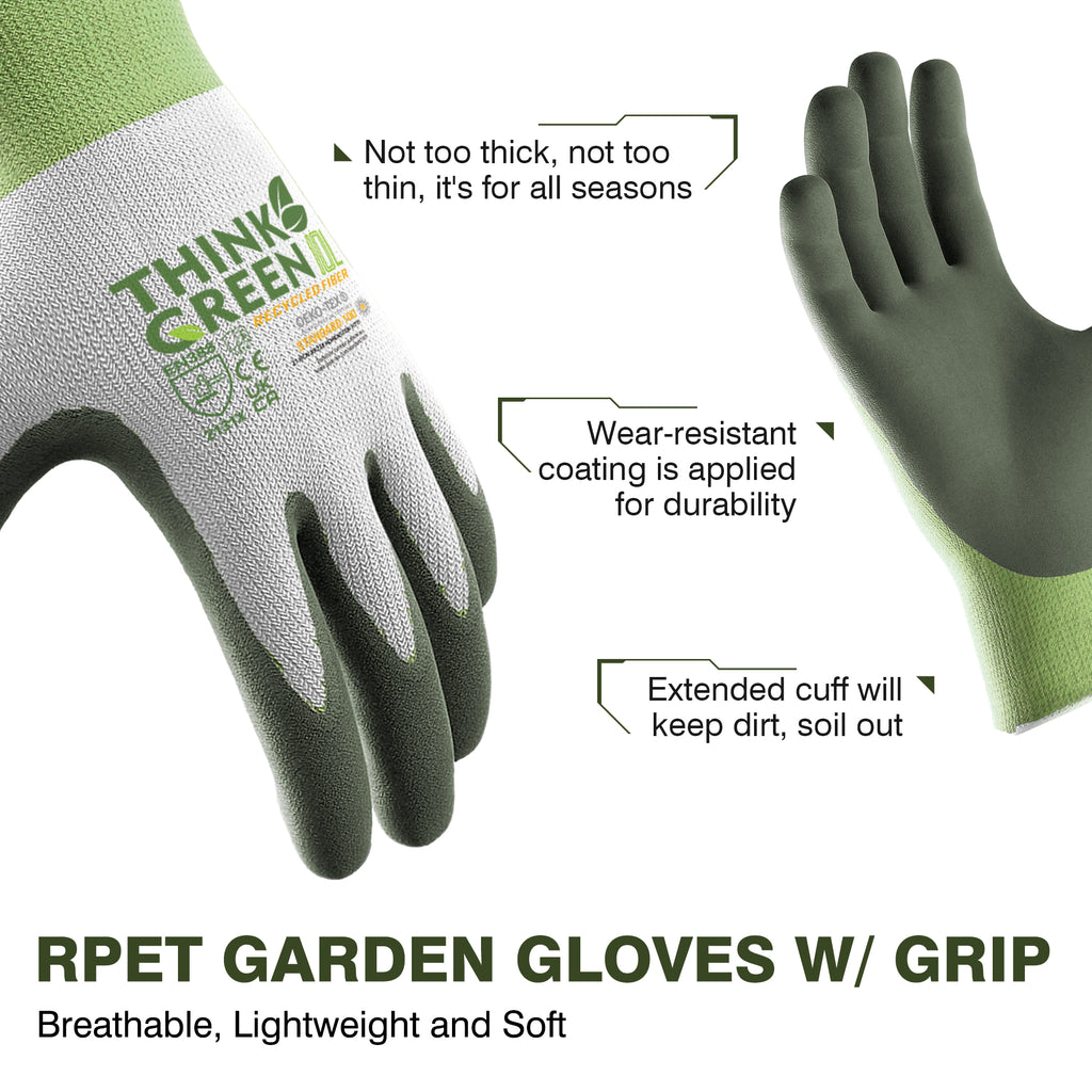 COOLJOB 3 Pairs Think Green Gardening Work Gloves, 100% Recycled Polyester with Rubber Coated