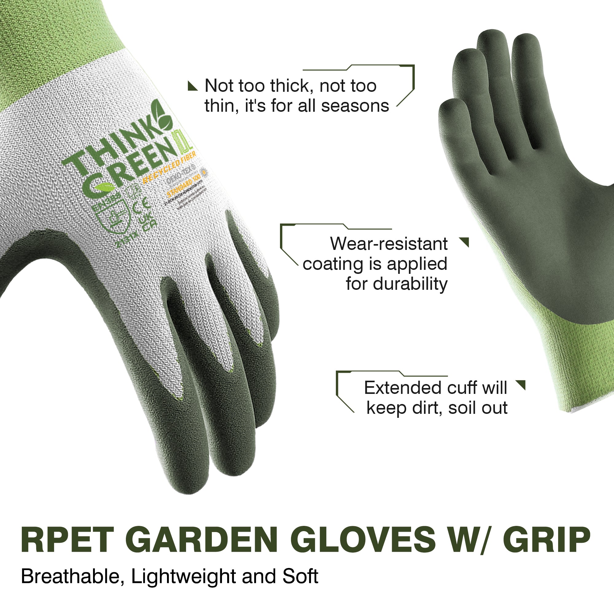 COOLJOB 3 Pairs Think Green Gardening Work Gloves, 100% Recycled Polyester with Rubber Coated