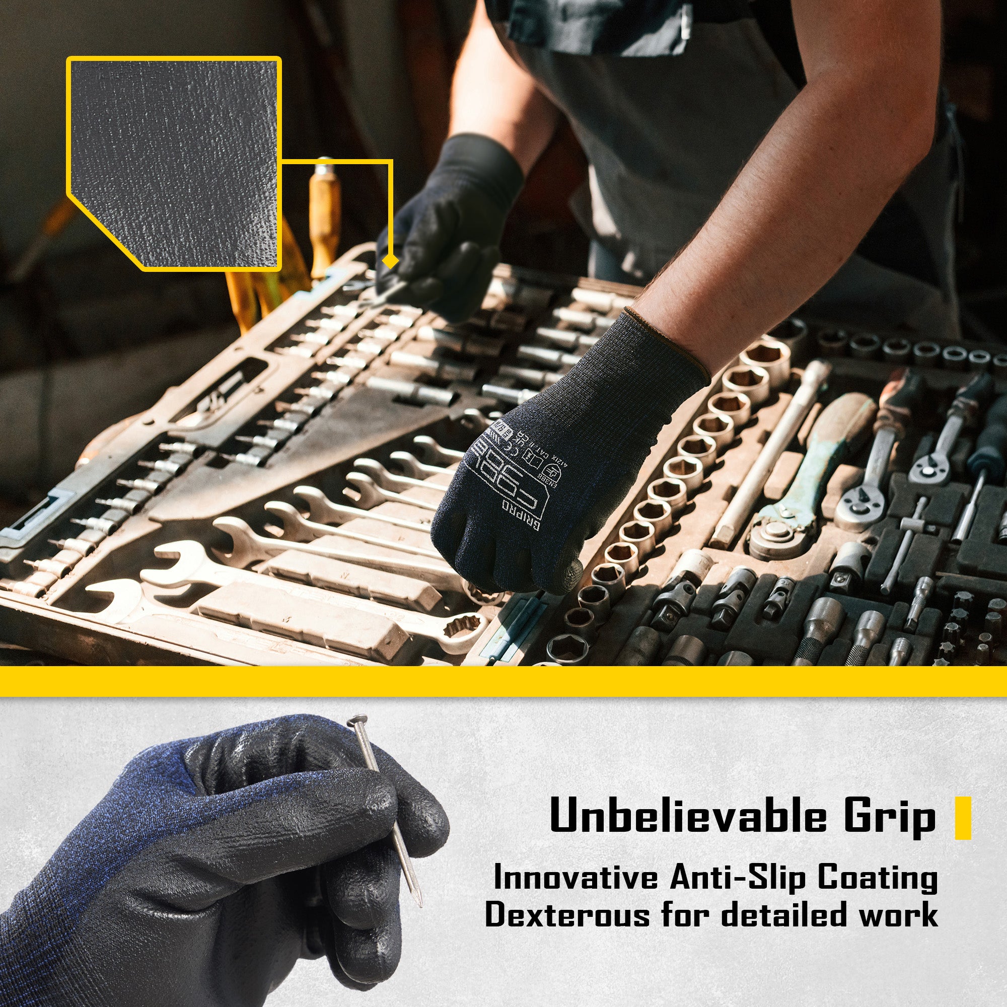 COOLJOB 12 Pairs Safety Work Gloves, Seamless Knit Nylon with Full Fingers Touchscreen, Non-slip Grip Rubber Dipped