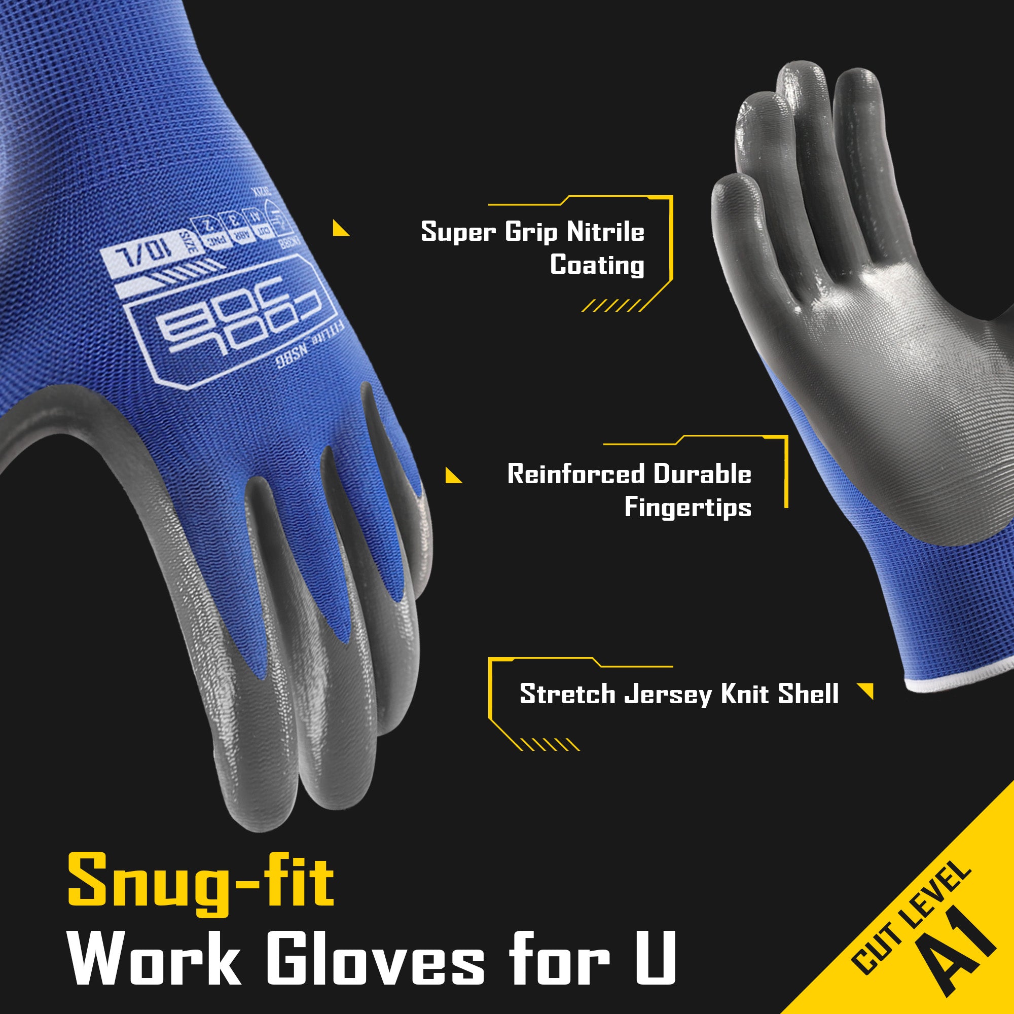 COOLJOB 10/20/60 Pairs Nitrile Dipped Safety Work Gloves with Grip, Non-slip Rubber Coated Bulk Garden Gloves