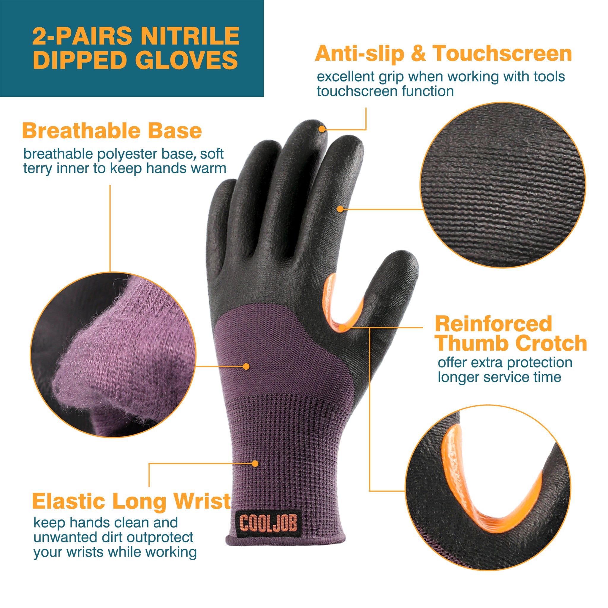 COOLJOB Winter Work Gloves with Anti-slip Grip, Touchscreen Microfoam Nitrile Dipped