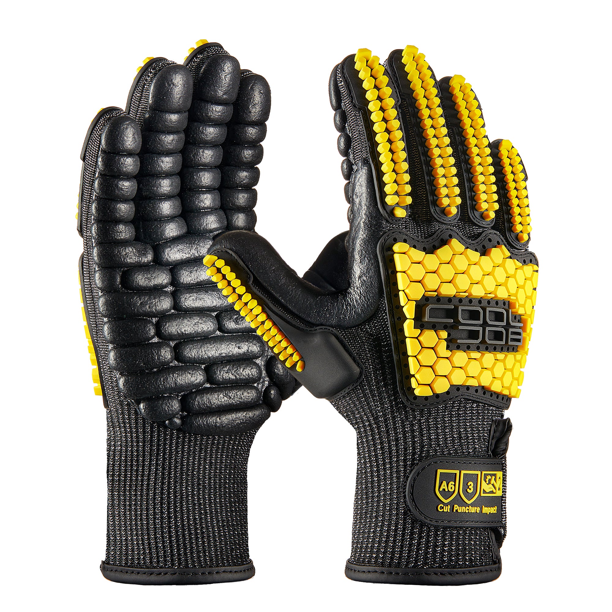 COOLJOB A6 Cut Resistant Anti Vibration Work Gloves Men, TPR Impact Reduce Mittens, Palm Rubber Patch Shock Absorption