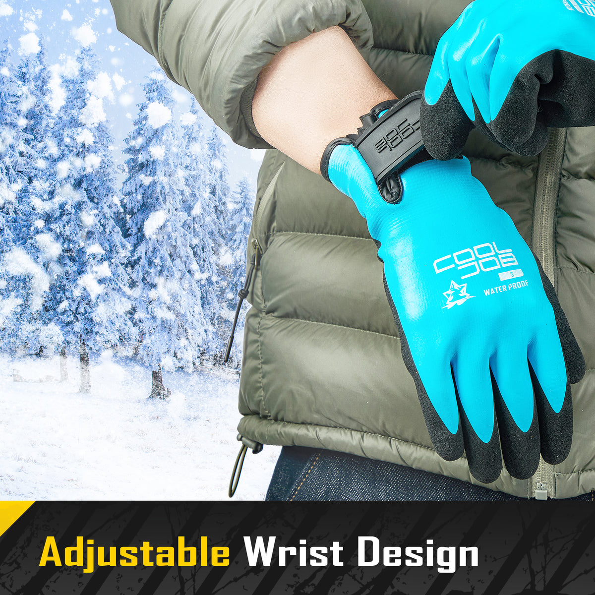 COOLJOB Thermal Warm Winter Work Blue Gloves with Grip, Rubber Coated Touchscreen Waterproof Freezer Gloves for Warehouse, 1 Pair