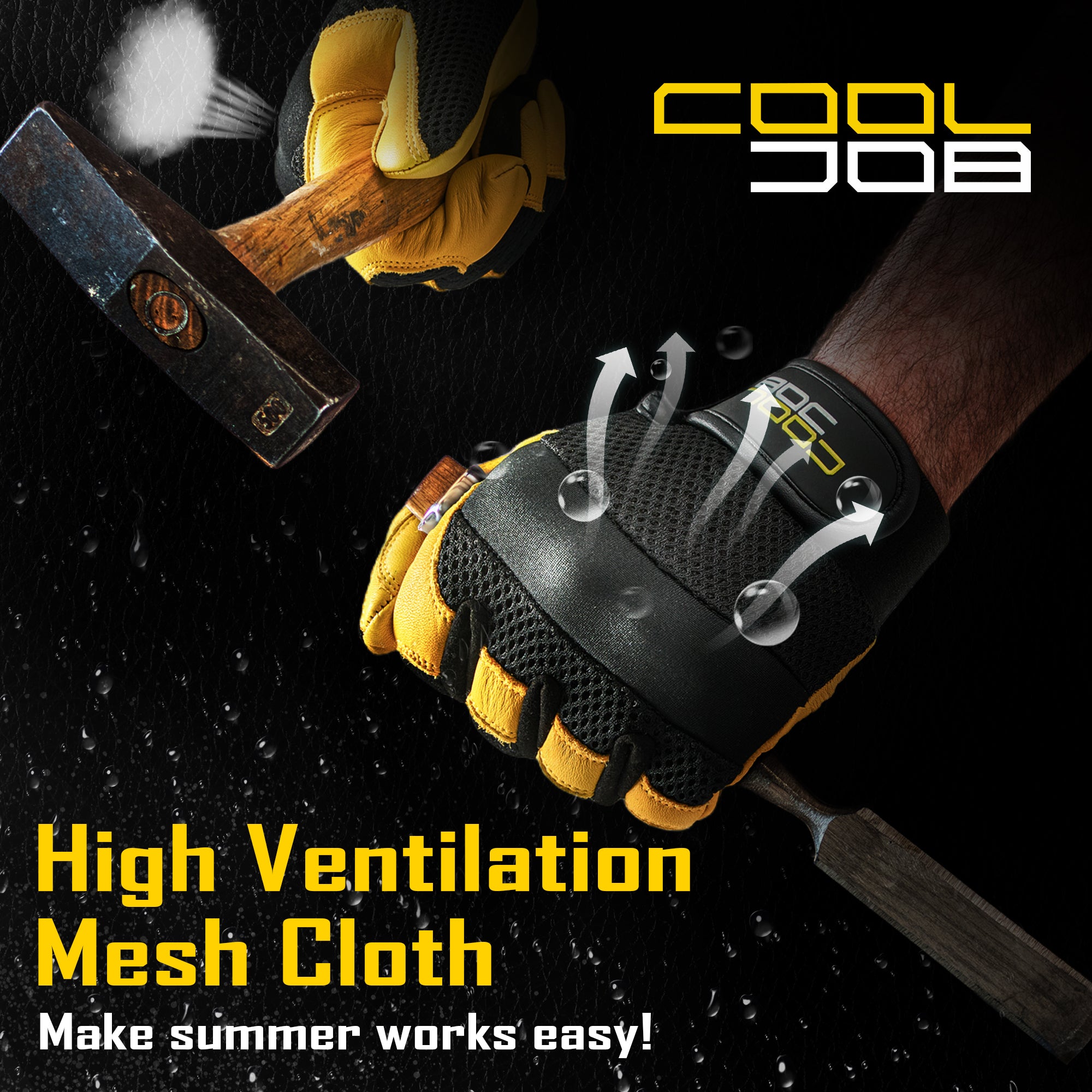 COOLJOB Breathable Mesh Cowhide Leather Work Gloves with Grip, Thorn Resistant Gloves, 1 Pair