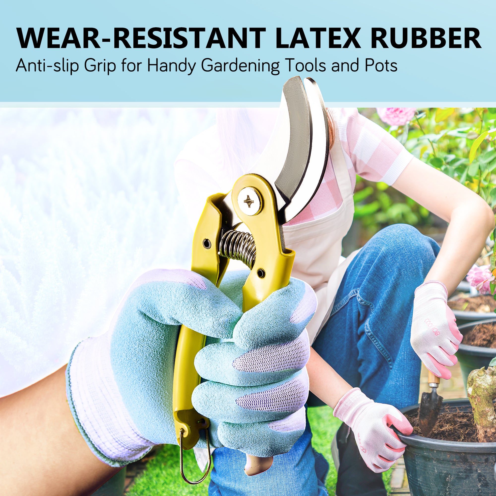 COOLJOB 2/6/12 Pairs Gardening Gloves for Women Ladies, Breathable Rubber Coated for Yard Garden, Sakura Pink & Light Blue