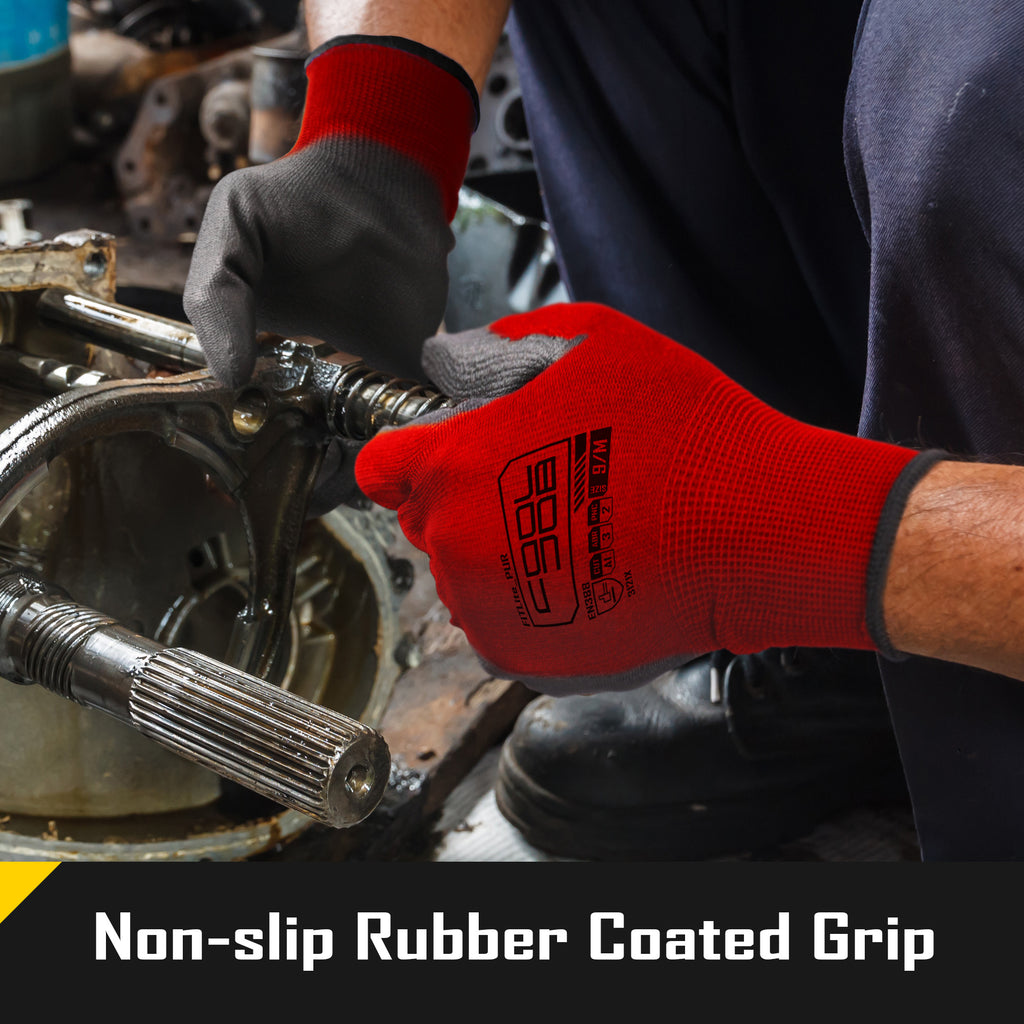 COOLJOB 12/60/120 Pairs Safety Work Gloves Pack Bulk with Grip PU Coating（Red）