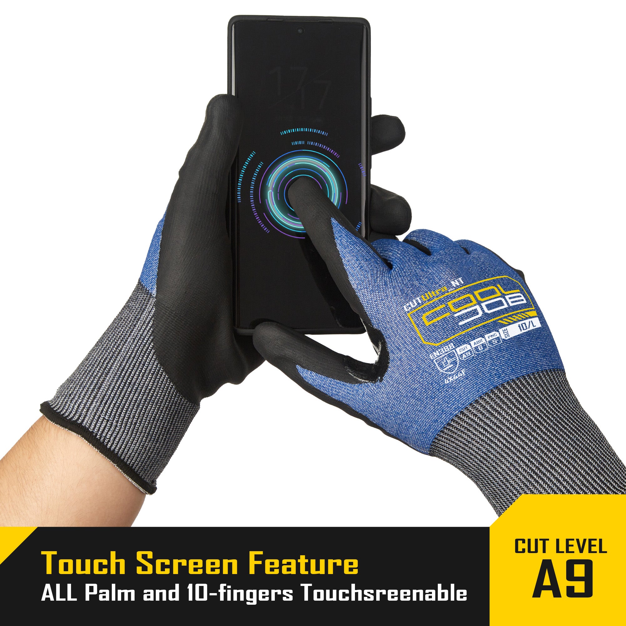 COOLJOB 3 Pairs A9 Cut Resistant Fishing Gloves, Touchscreen, Safety Work Gloves