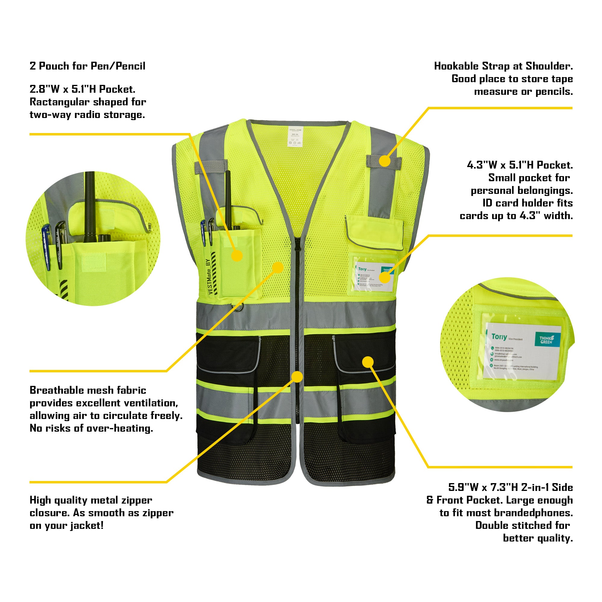 COOLJOB 9 Pockets Reflective Mesh Safety Vest for Men, Hi-vis Work Vest for Construction, Class 2 ANSI Standard