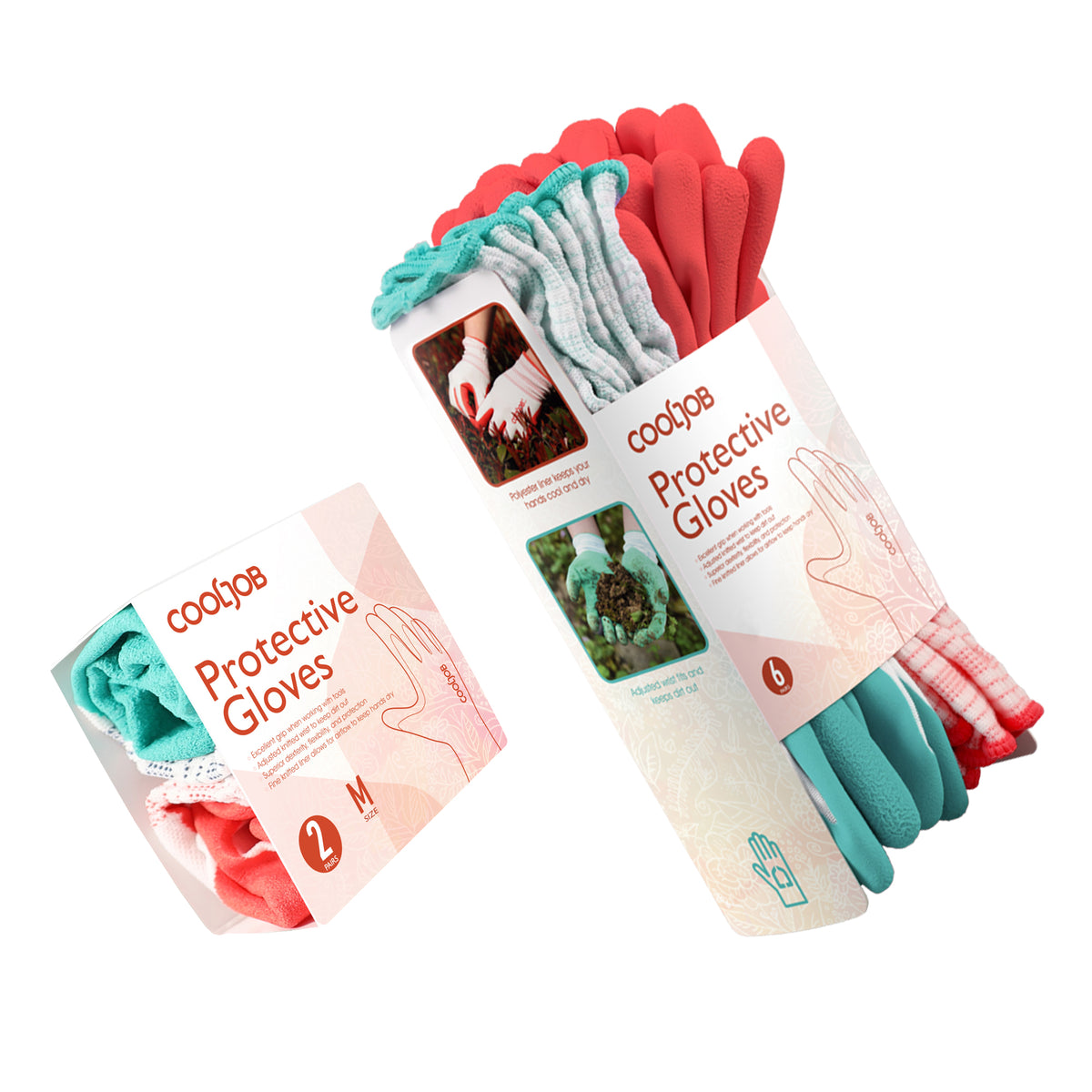 COOLJOB 2/6/10 Pairs Gardening Gloves for Women Ladies, Breathable Rubber Coated for Yard Garden, Bright Red & Mint Green