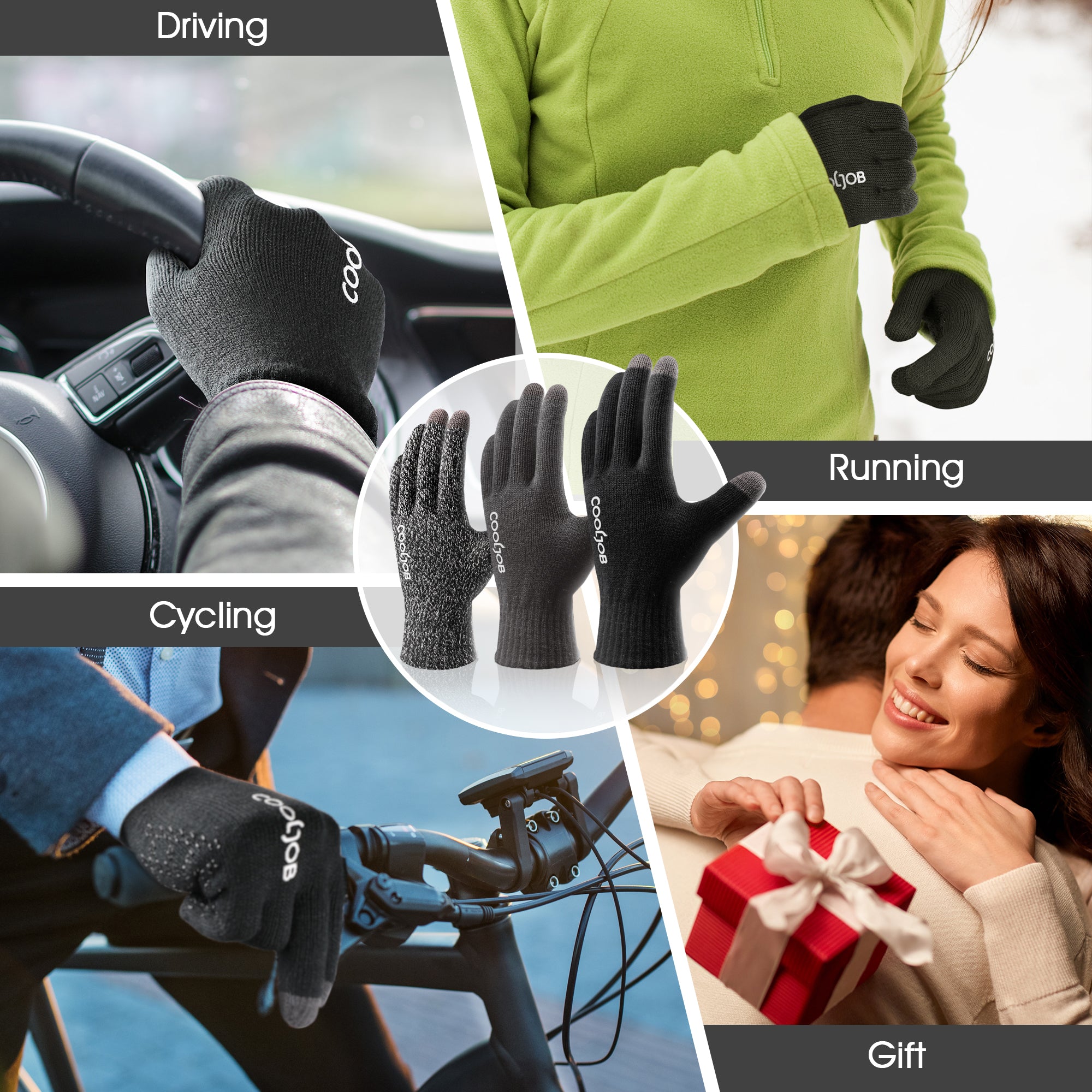COOLJOB Warm Fleece Knit Winter Gloves, Touch Screen Fingers, Non-slip Silicone Grip and Elastic Cuff