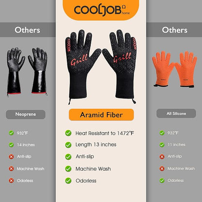 COOLJOB Heat Resistant BBQ Gloves for Hot Temperature Cooking, Barbecue Grilling